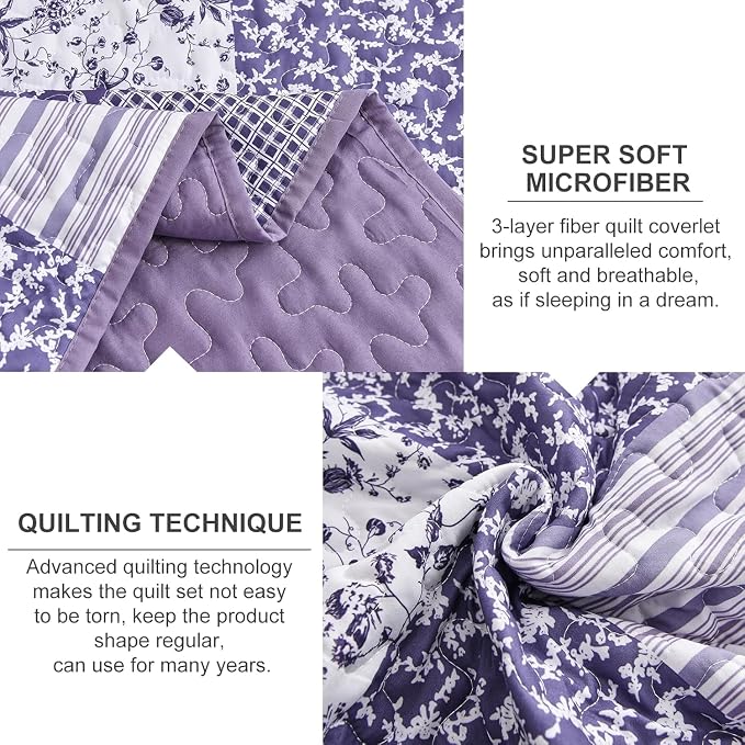 Mybedsoul Purple Twin Quilt Dorm Bedding, Patchwork Floral Bedding Set | Soft Lightweight Microfiber Floral Coverlet Set, 2 Pieces Plaid Reversible Bedspread, Bed Sets for All Seasons 68"x86"