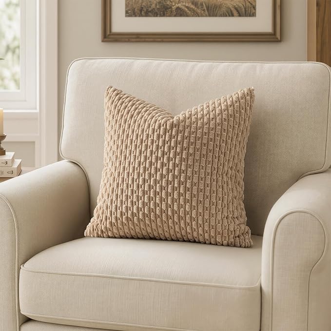 MIULEE Decorative Throw Pillow Covers 16x16 Neutral Tan Textured Corduroy | Pack of 2 Striped Pillow Covers Modern Farmhouse Fall Home Decor for Couch Bed Sofa Living Room