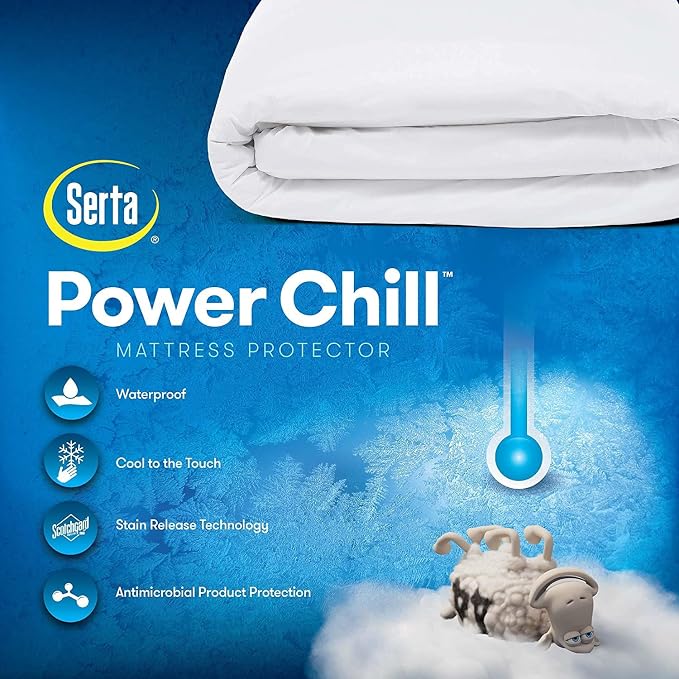 Serta Power Chill Waterproof Mattress Cover, Soft and Breathable Cooling Mattress Protector, 15" Elastic Deep Pocket for Secure Fit, Twin XL, White | Waterproof cooling protector with breathable fabric and a secure 15-inch deep pocket, machine washable...