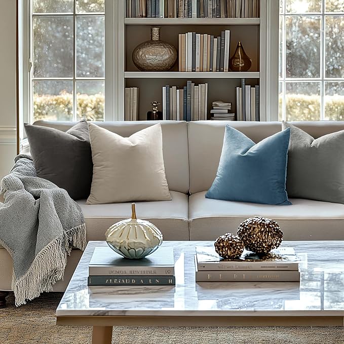 MIULEE 24x24 Inch Pack of 2 Euro Velvet Throw Pillow Covers Blue Gray | Soft Solid Decorative Euro Sham, Modern Luxury Home Decor, for King Bed Sofa Couch Bedroom Livingroom