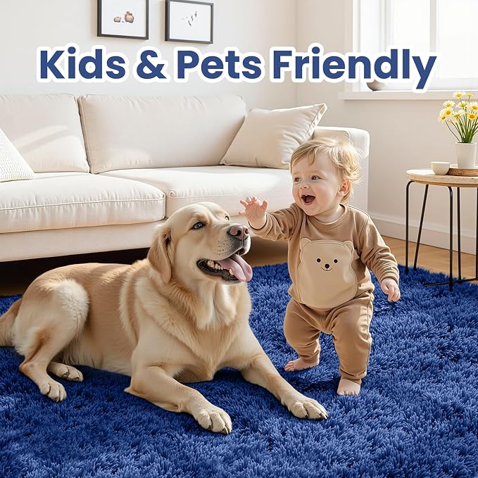 5x8 Fluffy Shag Area Rugs for Living Room Bedroom: Soft Plush Carpet Blue | Upgraded Non-Slip Thick Memory Foam, Ultra Soft, Non-Shedding Fuzzy Carpet, Easy Clean Decor for Kids Room, Nursery, Playroom