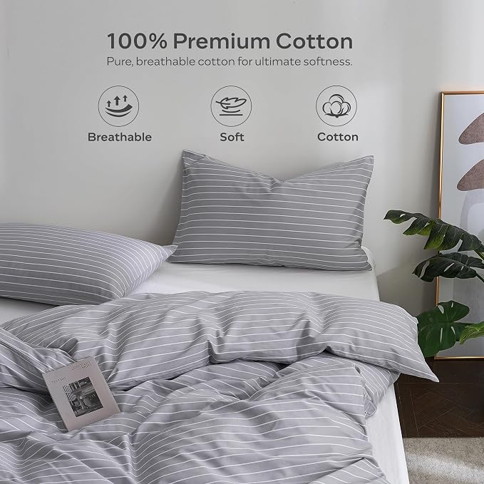 JELLYMONI 100% Cotton Wide Striped Full Duvet Cover Set, Gray/White | Classic Stripes, 8 Corner Ties & Double-Head Hidden Zipper, Breathable and Soft, For Guest Room