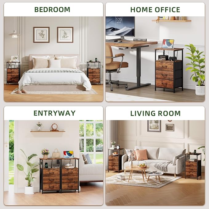 Somdot Nightstands Set of 2 with 3 Drawers, Charging Station & LED Light | Open-Shelf End Tables for Bedside, Small Spaces, Bedroom, Entryway and Hallway, Brown