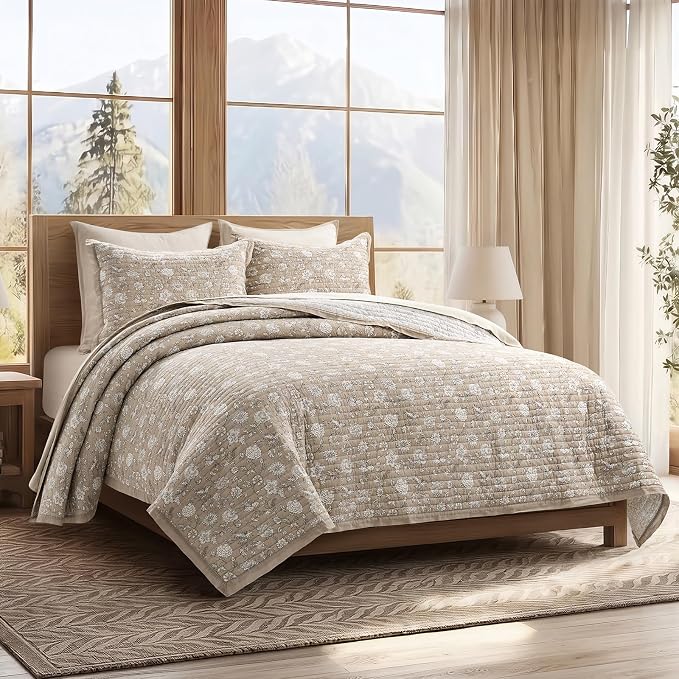 EverGrace 100% Cotton Floral Quilt Set, King Size, Sandstone Beige 108"×96" | Reversible Lightweight Bedspread Coverlet, Vintage Floral Farmhouse Bedding, Traditional Botanical Quilt with 2 Pillow Shams