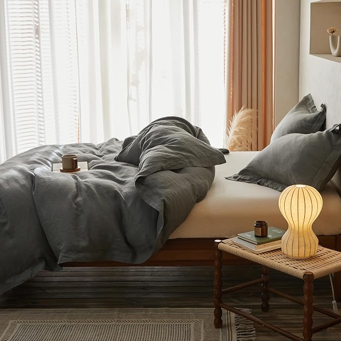 Simple&Opulence 100% Linen Duvet Cover Set with Crossed Embroidery Washed - 3 Pieces (1 Duvet Cover with 2 Pillow Shams) Soft Breathable Farmhouse -Cushing Green, King Size