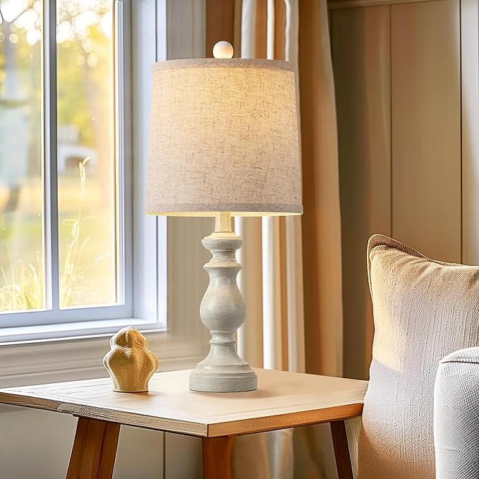 Traditional Table Lamp Set of 2, Rustic Farmhouse Table Lamps for Living Room Bedroom, 22" Bedside Desk Lamps Vintage Nightstand Lamps with Linen Shades, Antique White