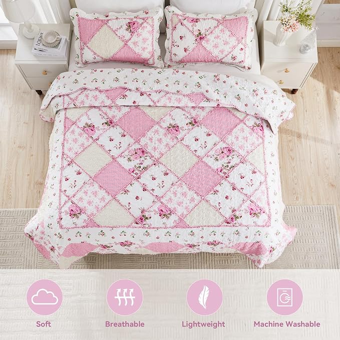 Full/Queen Size Quilt Set Pink Floral Patchwork Bedspreads Coverlet Set | VIVILINEN 3-Piece Reversible Floral Bedding Set Lightweight Comforter Queen Bed Sheet Set Cover Blanket with 2 Pillow Shams