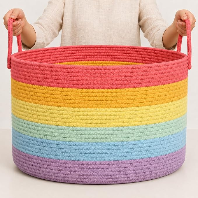 OrganiHaus Rainbow Toy Basket & Blanket Storage Bin, Nursery 20x13" | Rainbow - Round Rainbow Cotton Rope Basket, Nursery 20x13"