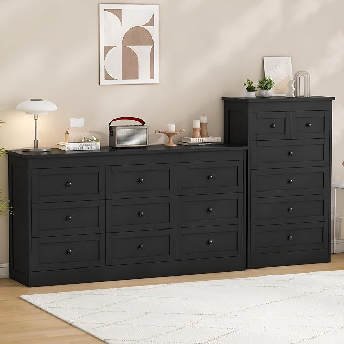 wanan Black 9 Drawer Dresser for Bedroom, Modern 59'' Wide Wood Chest of Drawers, Dresser TV Stand, Storage Organizer with Metal Handles for Living Room, Hallway, Entryway