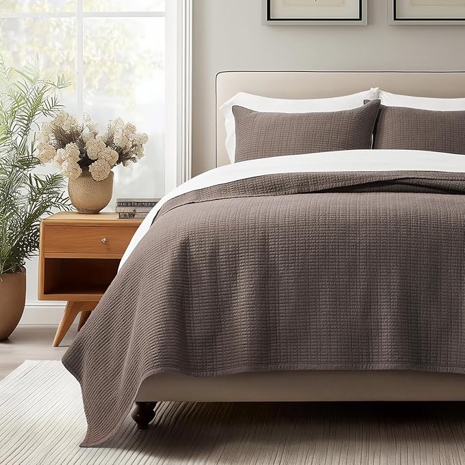 EverGrace 100% Cotton Modern Grid Stitch Quilt Set, Queen Size, Dark Brown | Pre-Washed Cotton Coverlet Bedspread, Oversized Lightweight 3-Piece Bedding Set for All Season, with 2 Pillow Shams