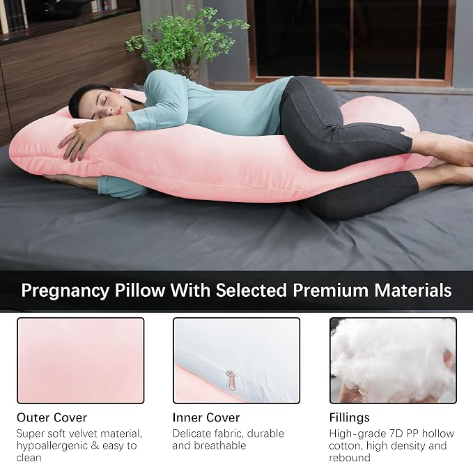 MOON PARK Pregnancy Pillows for Sleeping - U Shaped Full Body Maternity Pillow with Removable Cover - Support for Back, Legs, Belly, Hips - 57 Inch Pregnancy Pillow for Women - Pink