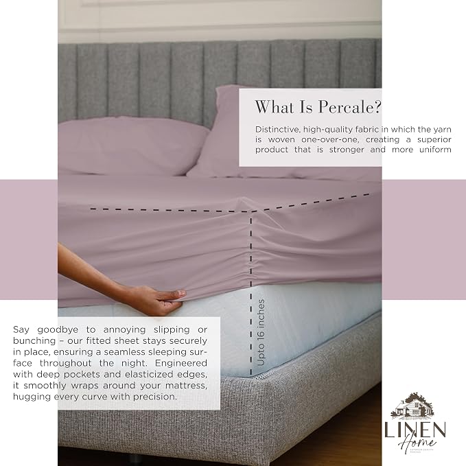 Linen Home 100% Cotton Percale Sheets Twin Size,Mauve Lavender, Deep Pocket, 3 Pieces Set - 1 Flat, 1 Deep Pocket Fitted Sheet and 1 Pillowcase, Crisp Cool and Strong Bed Linen