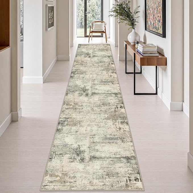 2.6x14 Washable Runner Rug:Modern Abstract Soft Carpet Ash Brown | For Hallway, Bedroom, Kitchen, Laundry, Bathroom,Door Mat,Modern Abstract,Machine washable,Non-Slip,Stain Resistant,Indoor