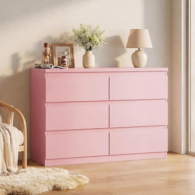 6 Drawer Double Dresser for Bedroom, Modern Simply Chest of Drawers, Wood Storage Dresser with Anti-Tipping for Living Room Hallway Entryway, Nursy Pink (15.3" D x 47.2" W x 32.3" H)