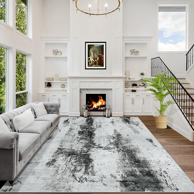 4x6 Area Rugs for Living Room: Washable Abstract Black White Grey Carpet | Non-slip TPE backing makes this washable soft low-pile rug safe & durable, Pet-friendly decor for dining room,nursery,office