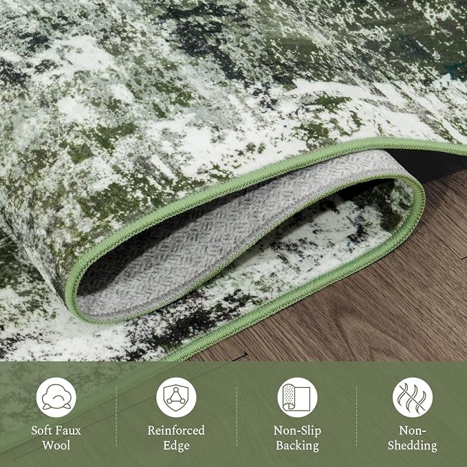 Rugflix 6x9 Area Rugs for Living Room, Washable Dark Green Large Rug | Machine Washable; Stain-Resistant; Low Pile; Non-Slip; Modern Abstract; Carpet for Bedroom Dining Office Nursery Home