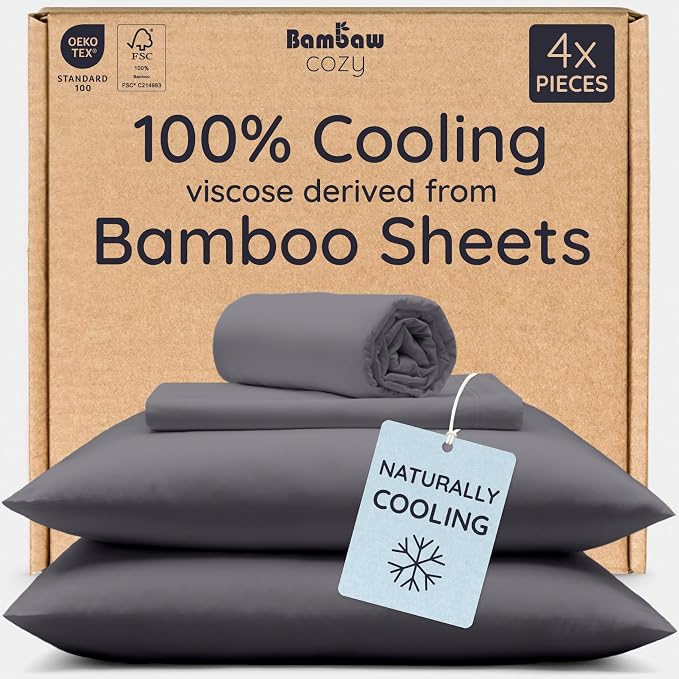 Bambaw 100% Viscose Derived from Bamboo Sheets Twin Size Set – 4-Piece Cooling Sheet Set Twin Size, Lightweight, Soft & Moisture Wicking, Deep Pocket Fits Up to 15" Mattresses, Smooth Feel (Charcoal)