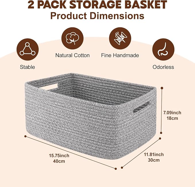 OIAHOMY Storage Basket for Shelves, Closet Cube Storage Bins Baskets for Clothes Blanket Towels, Baby Nursery, Toy Baskets Box, Woven Rope Basket, 15.75 * 11.81 * 7.09 IN, 2 Packs Grey