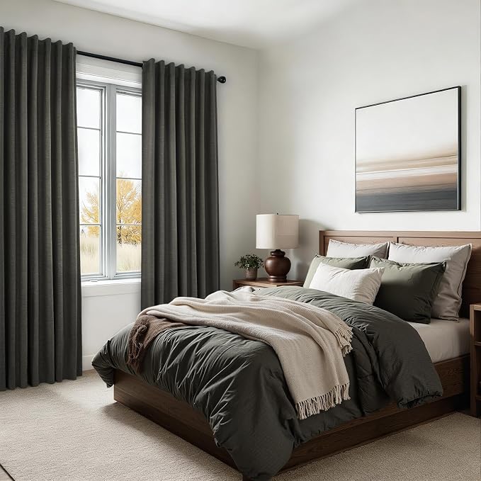 95 Inch Long Gray Blackout Curtains for Bedroom 2 Panels Set Modern Linen Blend Texture Back Tab Pleated Floor to Ceiling Thermal Drapes Hooks Rings Window Drapes Decor (W52 x L95 Charcoal Grey)