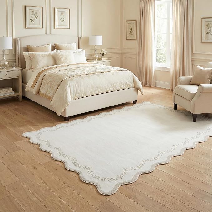 GarveeHome 5x7 Scalloped Area Rug Beige Washable Bedroom Living Room Rug | Soft Floral Low Pile Non Slip Accent Floor Mat Solid Print Throw Rug Indoor Carpet for Dining Room Dorm Playroom