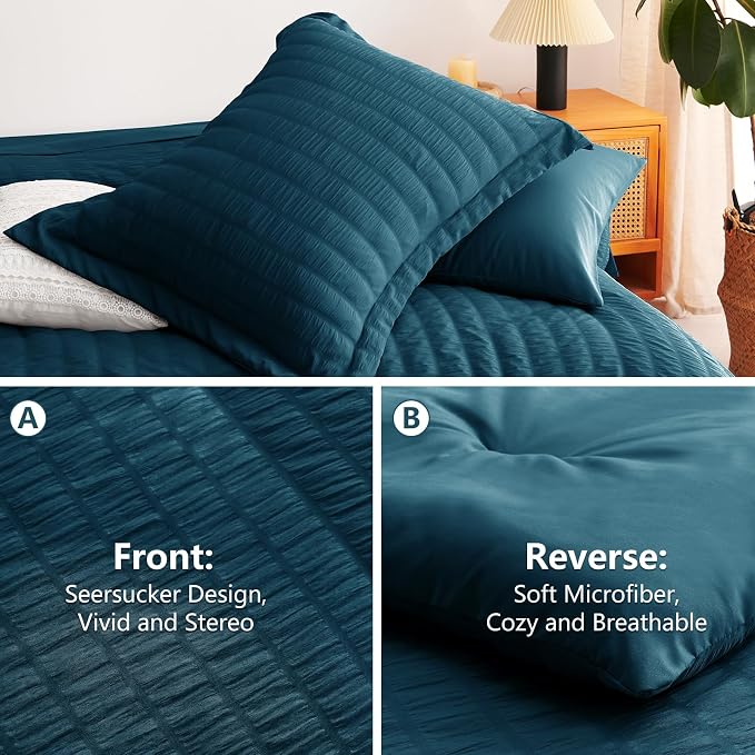 Full Size Comforter Set 7 Pieces Lyons Blue Seersucker Bed in a Bag | OEKO-TEX Certified, All Season Bedding Set with 240 GSM Down Alternative Comforter, Flat & Fitted Sheets, Pillowcases & Shams