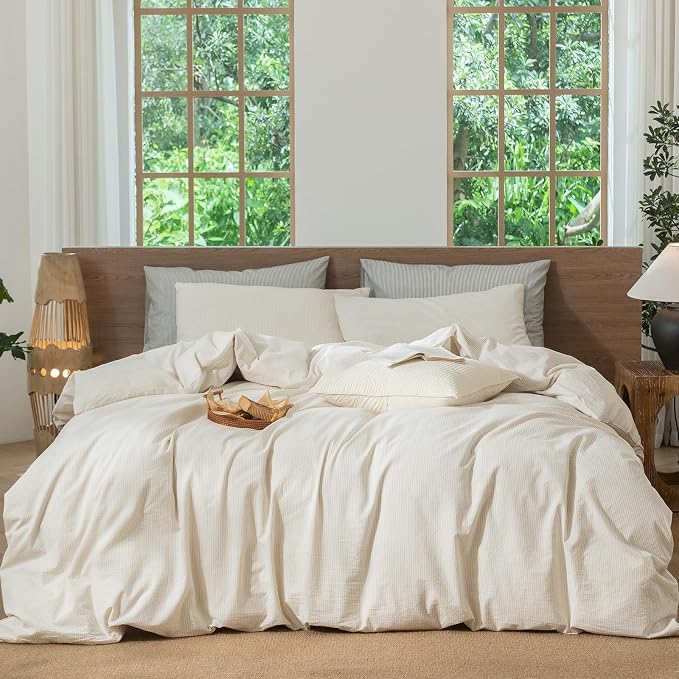 MooMee Striped Duvet Cover Set 100% Washed Cotton Linen Like Full | Relaxed Linen-like Texture. Soft, Breathable & Long-lasting Comfort. Lightweight. Hidden Zipper with 8 Interior Corner Ties