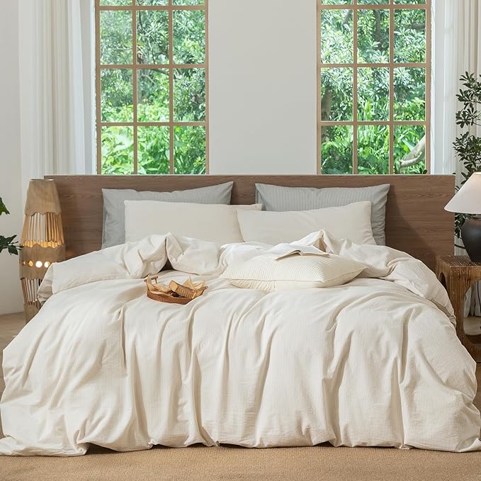 MooMee Striped Duvet Cover Set 100% Washed Cotton Linen Like Queen | Relaxed Linen-like Texture. Soft, Breathable & Long-lasting Comfort. Lightweight. Hidden Zipper with 8 Interior Corner Ties