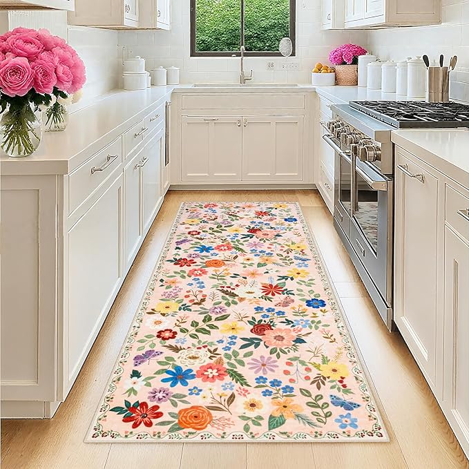 PLHXFR 2x6 Washable Runner Rug：Floral Indoor Kitchen Soft Carpet Beige | For Hallway Bedroom Kitchen Laundry Bathroom Dorm,Vintage Floral,Machine washable,Non Slip,Stain Resistant,Indoor Floor
