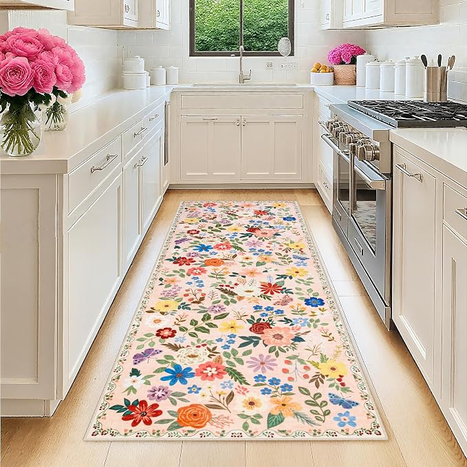PLHXFR 2.6x8 Washable Runner Rug：Floral Indoor Kitchen Soft Carpet Beige | For Hallway Bedroom Kitchen Laundry Bathroom Dorm,Vintage Floral,Machine washable,Non Slip,Stain Resistant,Indoor Floor
