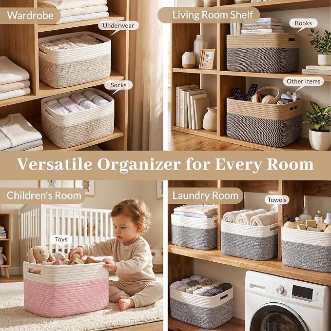 OIAHOMY 4 Pack Storage Basket, 13"x9"x7.8" Cotton Rope Baskets for Shelves, Closet Organizer for Bedroom & Living Room, Soft Decorative Bins for Organizing Towels, Books & Toys, Pink & White