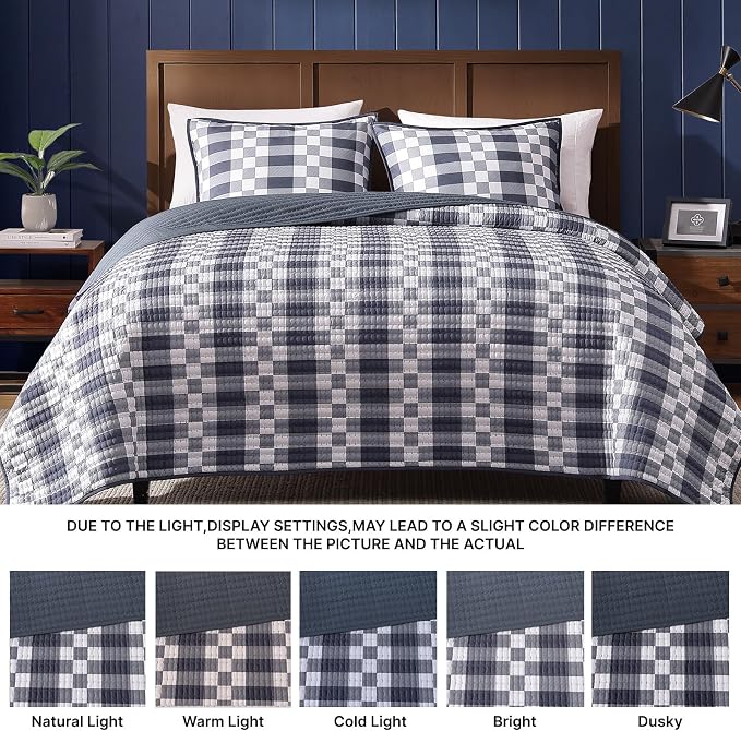 King Quilt-Lightweight Bedspread Plaid Quilt King Size Quilt Bedding Set | Navy Reversible Neutral Coverlet with 2 Shams for All Seasons, Suitable for Bed, Couch, 3 Pieces, 106"x94"