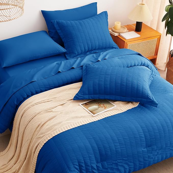 Full Comforter Sets, 7 Pieces Classic Blue Seersucker Bed in a Bag | OEKO-TEX Certified, All Season Bedding Set with 240 GSM Down Alternative Comforter, Flat & Fitted Sheets, Pillowcases & Shams