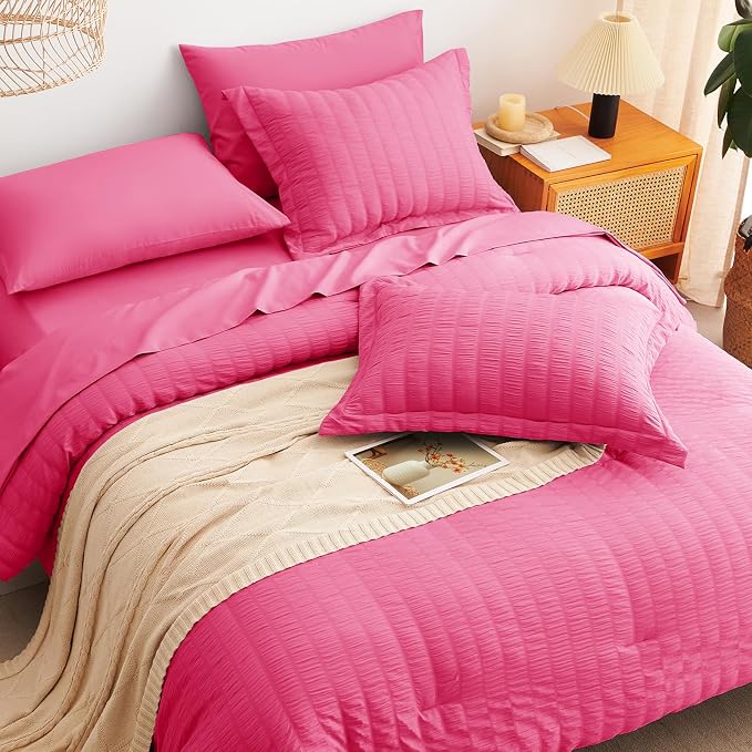 Full Size Comforter Sets, 7 Pieces Hot Pink Seersucker Bed in a Bag | OEKO-TEX Certified, All Season Bedding Set with 240 GSM Down Alternative Comforter, Flat & Fitted Sheets, Pillowcases & Shams