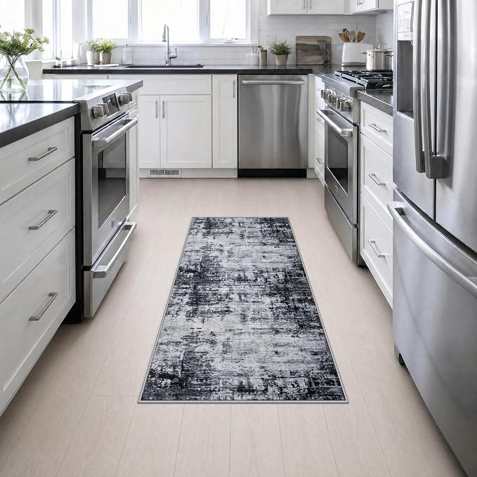 2x5 Washable Runner Rug：Modern Abstract Soft Carpet Dark Black | For Hallway, Bedroom, Kitchen, Laundry, Bathroom,Door Mat,Modern Abstract,Machine washable,Non-Slip,Stain Resistant,Indoor