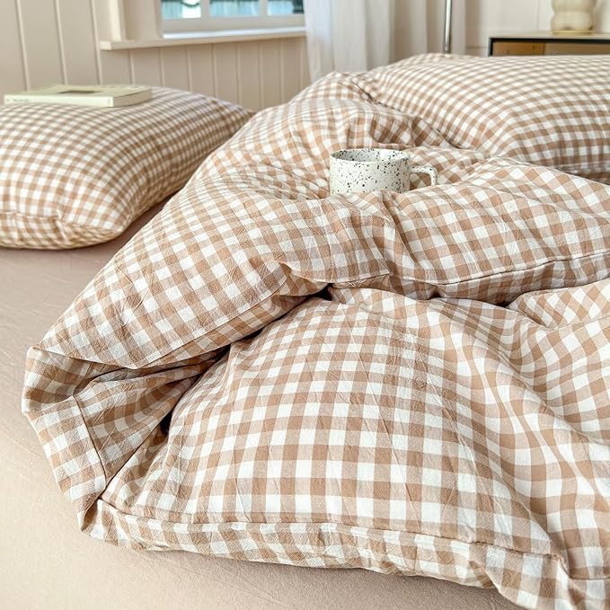LifeTB Tan Gingham Comforter Set California King Modern Plaid Comforter Set | 3 Pieces Beige Grid Comforter with 2 Pillowcases Soft Fluffy Checkered Grid Pattern Gingham Bedding Set for All Seasons