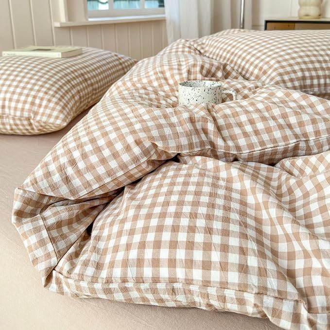 LifeTB Tan Gingham Comforter Set Full Modern Style Beige Plaid Comforter Set 3 Pieces Soft Fluffy Grid Checkered Pattern Comforter with 2 Pillowcases Farmhouse Gingham Bedding Comforter Full