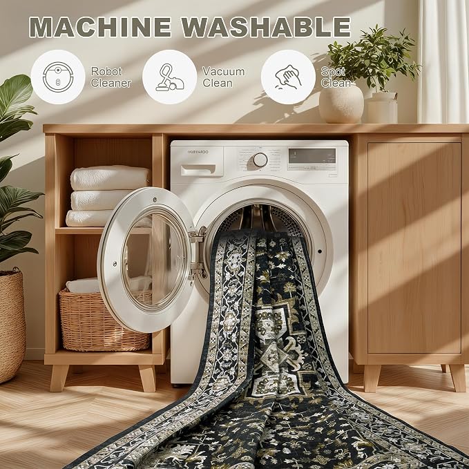 Round Area Rug for Living Room: 6ft Boho Washable Rug Black Gold | Vintage Boho Soft Round Rug Indoor Floor No Slip Carpet Stain Resistant Rugs for Bedroom Dining Room Nursery Home Office
