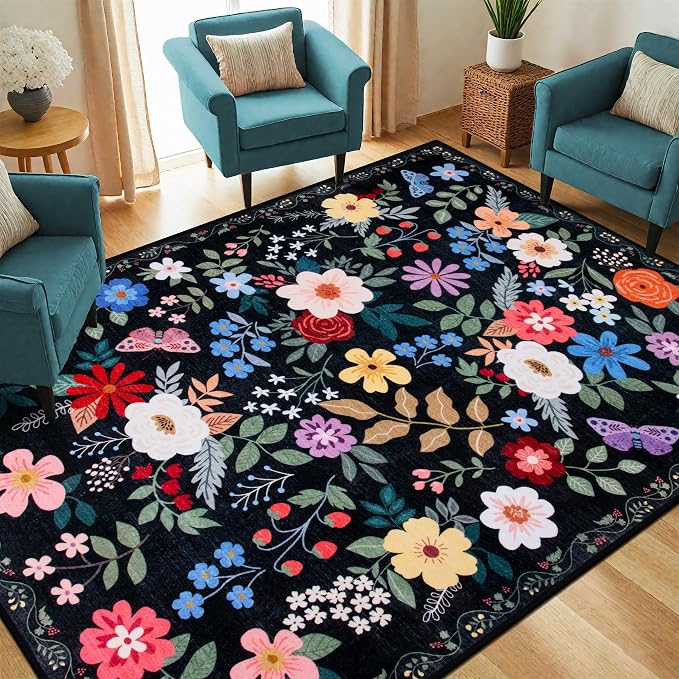 PLHXFR Area Rug Living Room: 4x6 Floral Washable Boho Soft Carpet Black | For Bedroom Dining Room Farmhouse Nursery Hallway,Vintage Floral,Machine washable,Non Slip,Stain Resistant,Large Indoor