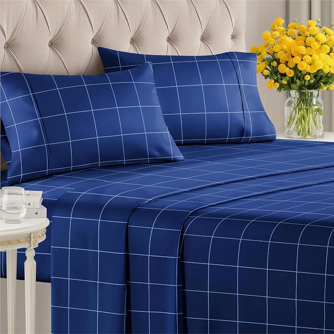 Queen 4 Piece Striped Sheet Set - Soft, Breathable & Cooling - Blue Grid | 1 Flat, 1 Fitted & 2 Pillowcases w/ Deep Pockets, Luxury Striped Bedding, Soft, Breathable & Cooling, Wrinkle & Fade Free