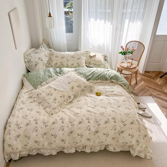 mixinni Reversible Sage Green Floral Duvet Cover Set Queen Size - 100% Cotton Cute Botanical Patterns Bedding Set with Ruffle Lace, 3PCs Beige Soft Aesthetic Cottagecore Style Duvet Cover for Girls