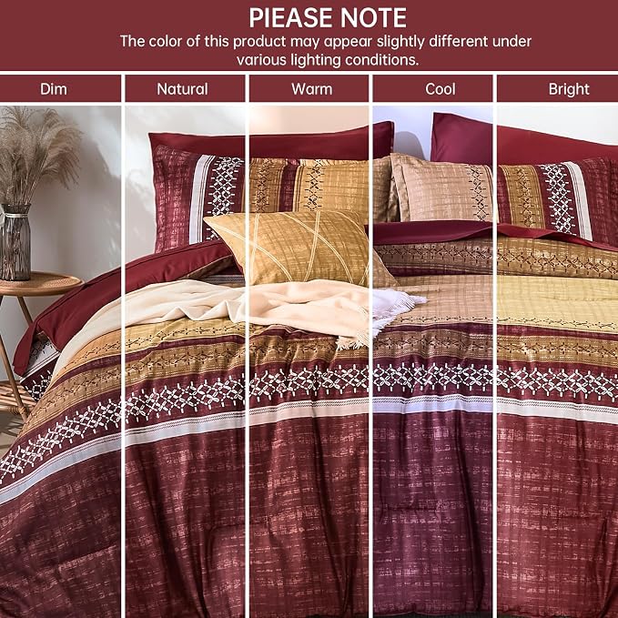Dintszyayue Burgundy Queen Comforter Size Set, 8 Pieces Boho Striped Texture Bed in a Bag Sets, Lightweight Soft Bohemian Comforter and Sheet Set, All Season Microfiber Bedding Sets for Men Women