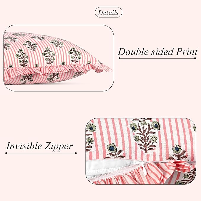 Ridhi Block Print Salmon Blossom Ruffle Lumbar Pillow Shams, 20" x 12" | 100% cotton, Floral Pillowcase, Cushion Cover, Hidden Zipper, Cottagecore Bedding, farmhouse boho style, fits couch, sofa,Bed
