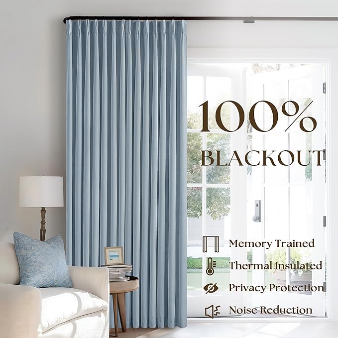 Light Blue Pleated Linen Blackout Curtains 90 Inches Long 2 Panels W40xL90 | Pinch Pleat with Ring Hooks Back Tab, 100% Black Out Thermal Insulated Drapes with Liner, for Bedroom Living Room, Dusty Blue