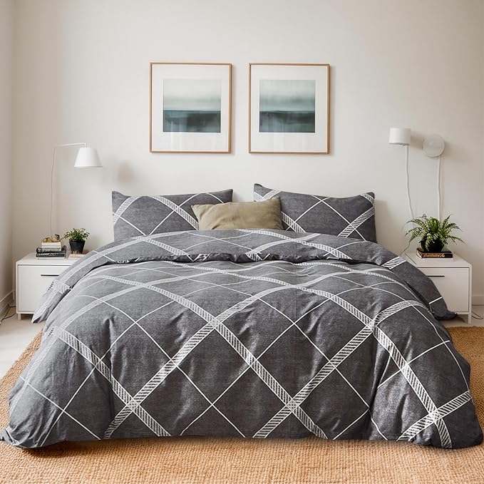 TOCOMOA Plaid Duvet Cover Set 100% Natural Cotton, Grey & White, Queen | Soft, Comfy & Breathable. Printed Bedding Set with Hidden Zipper & 8 Corner Ties. 3PCs, Comforter Not Included