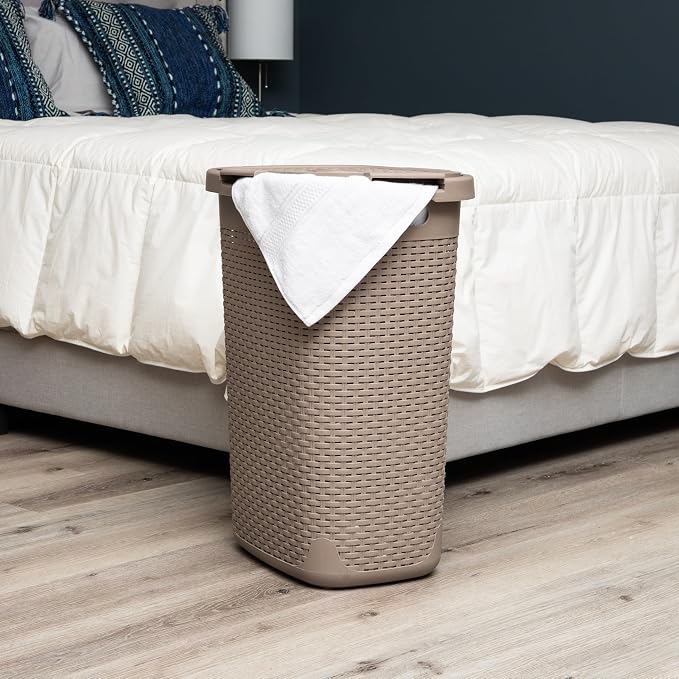 Mind Reader Slim Laundry Hamper with Lid, 60L Tall Clothes Basket, Narrow Tapered Design for Bathrooms, Closets and Laundry Rooms, Plastic, Tan
