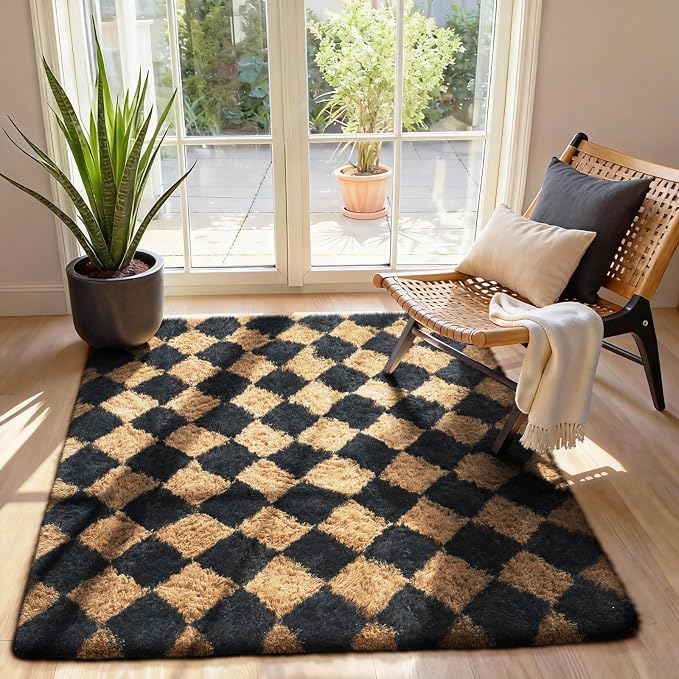Ophanie Black & Beige Diamond Checkered Rugs for Living Room Bedroom,Rhombus Fluffy Soft Cute Fuzzy Area Rug,Plush Shaggy Bedside Floor 4x6 Furry Carpet Kids Dorm Decor with Over 99 pcs Pile fibers