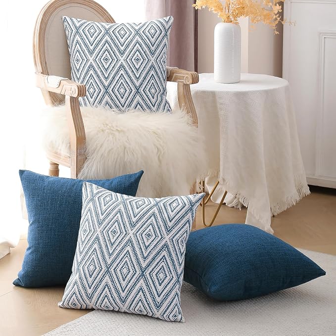 HPUK Throw Pillow Covers 20x20, Set of 4, Navy Blue Couch Pillow Covers | Polyester fabric, patterned and solid designs, hidden zippers, machine washable, for sofas and beds, inserts not included