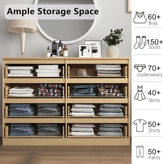 Vibe & Dine 8 Drawer Double Dresser, Modern Chest of Drawers with Wide Storage for Closet, Bedroom, Living Room, Natural Wood