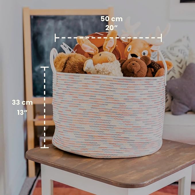 OrganiHaus Round Toy Basket & Blanket Basket, Cotton Rope 20x13" | Stitches Rainbow - Round Cotton Rope Basket, 20x13"