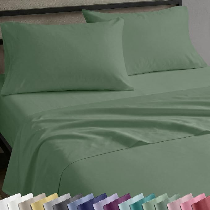 Soft Natural 100% Cotton Sateen Twin Size Sheet Set, 3 Pc Set, Pine Green | Backed by Good Housekeeping Seal, Light & Breathable For Hot Sleepers, All-Around Elastic, Durable, Easy Care
